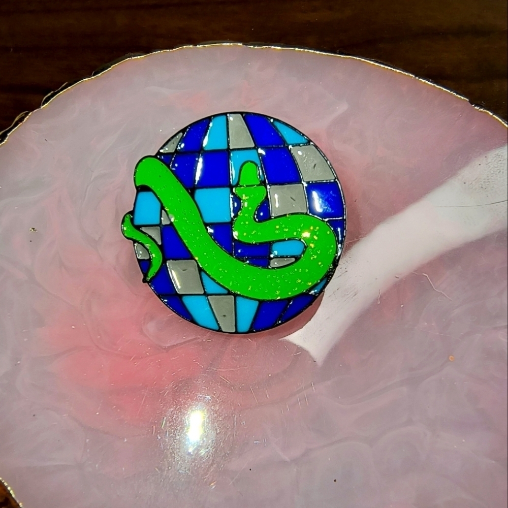Women’s Jewelry Unique Reptile Enamel Pin - Green snake and Blue Disco ball!